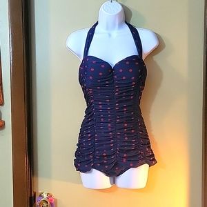 Unique Vintage one piece halter swimsuit Navy red dot size Large